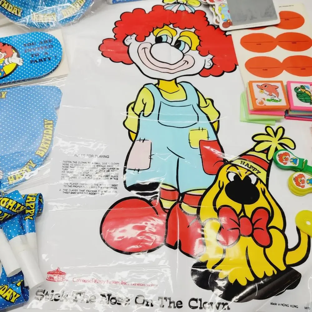 Vtg Circus Clown Carrousel Party Supplies Favors Invitations Loot Bags Games NOS